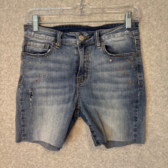 Klique B Women's 3 Denim Shorts Rhinestone Distressed Raw‎ Hem Casual Cute Jean - Picture 1 of 8